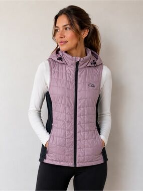 L.L.Bean PrimaLoft Hooded Vest Small Pink/mauve Black Insulated Full Zip Puffer